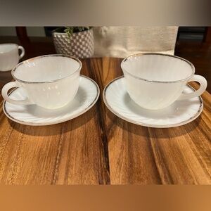 2 Fire King Anniversary Set Tea Cups w/ Saucers, Vintage Swirl Milk Glass